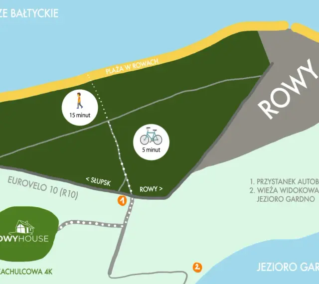 Mapa atrakcji w Rowach: plaża, jezioro Gardno, wieża widokowa, przystanek autobusowy. Rowy co warto zobaczyć to idealne miejsce na wypoczynek.