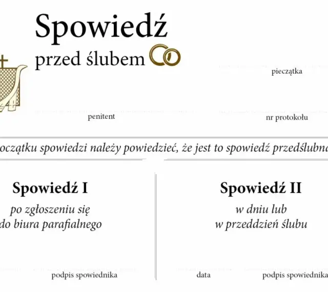Dokument "Spowiedź przed ślubem" zawiera miejsce na dane penitenta, pieczątkę, numer protokołu oraz dwie sekcje na spowiedź I i II, wraz z datami i podpisami spowiednika.