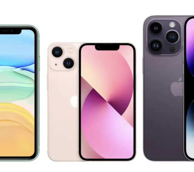 Trzy modele iPhone'ów: zielony iPhone 11, różowy iPhone 13 i fioletowy iPhone 14 Pro. Jaki jest najnowszy iPhone? To ten fioletowy!