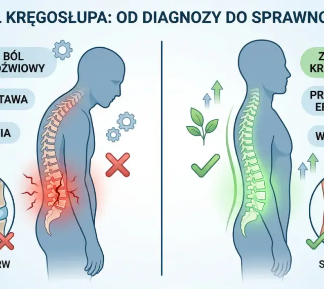 Ilustracja pokazuje, jak dyskopatia kręgosłupa prowadzi do bólu i złej postawy, w przeciwieństwie do zdrowego kręgosłupa dzięki ergonomii i wzmocnieniu.