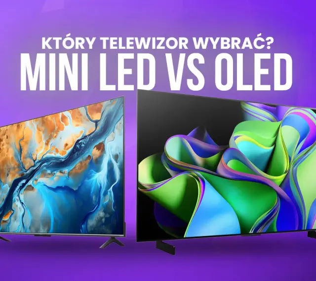 Dwa telewizory, jeden z abstrakcyjnym obrazem w odcieniach niebieskiego i pomarańczowego, drugi z kolorowymi falami. Porównanie technologii: MINI LED vs OLED.