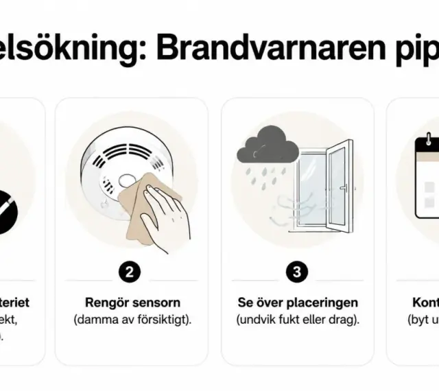 Felsökning: brandlarm piper. Kontrollera batteri, rengör sensor, se över placering, kontrollera ålder.