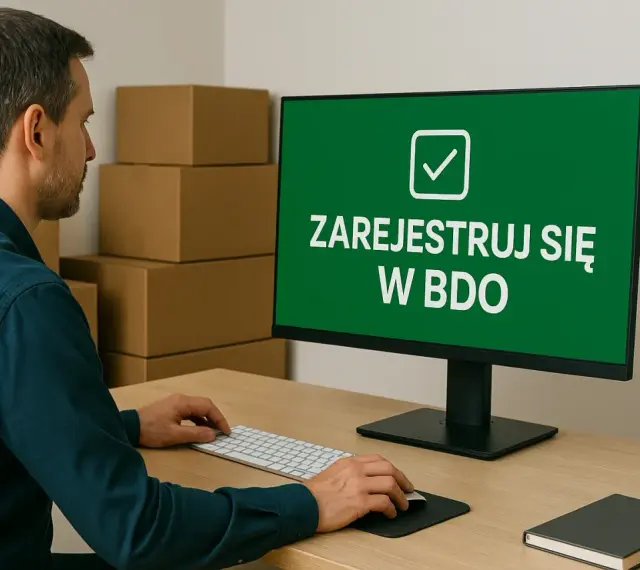 Mężczyzna przy biurku rejestruje jednoosobową działalność gospodarczą a śmieci w systemie BDO.