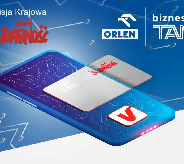 Karta podarunkowa Orlen na ekranie smartfona, obok logo "Solidarności" i "Biznes Tank".