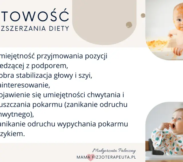 Kiedy dziecko może siedzieć z podparciem? Wskazówki: stabilna głowa, zainteresowanie jedzeniem, zanik odruchu wypychania językiem.