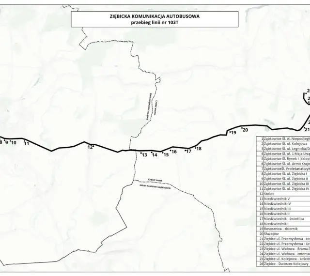 Mapa przebiegu linii autobusowej 103T Ziębice. Zobacz przystanki od Ząbkowic Śl. do Ziębic.