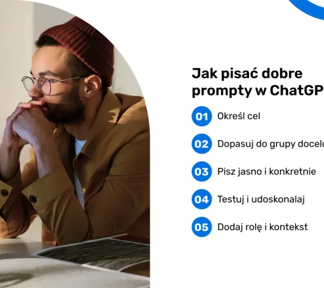 Mężczyzna w okularach i czapce myśli nad tym, jak pisać dobre prompty w ChatGPT. Lista podpowiada: określ cel, dopasuj do grupy docelowej, pisz jasno i konkretnie.