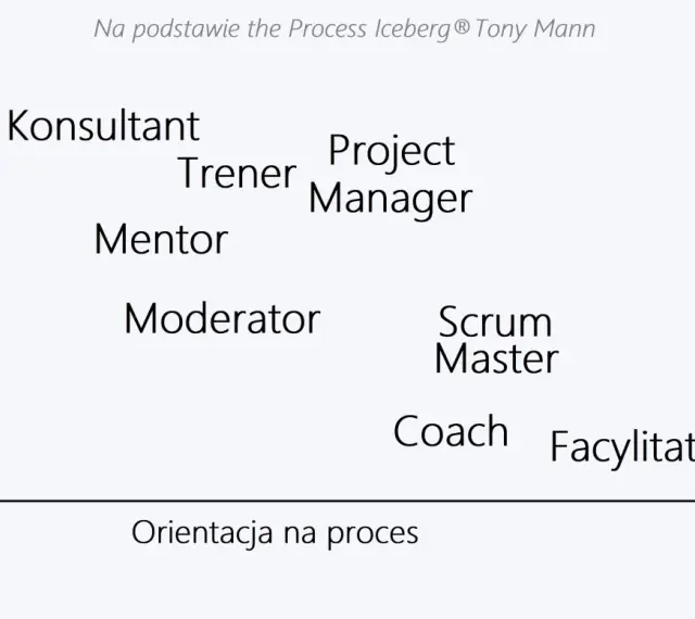Diagram przedstawia role w procesie: Konsultant, Trener, Mentor, Moderator, Project Manager, Scrum Master, Coach i Facylitator.