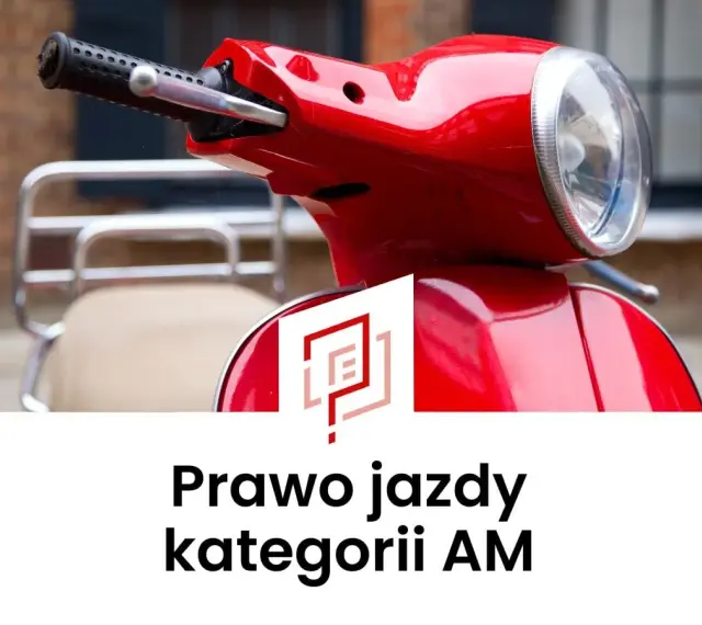 Czerwony skuter i napis "Prawo jazdy kategorii AM". Marzysz o wolności na dwóch kółkach? Teraz prawo jazdy AM za darmo!