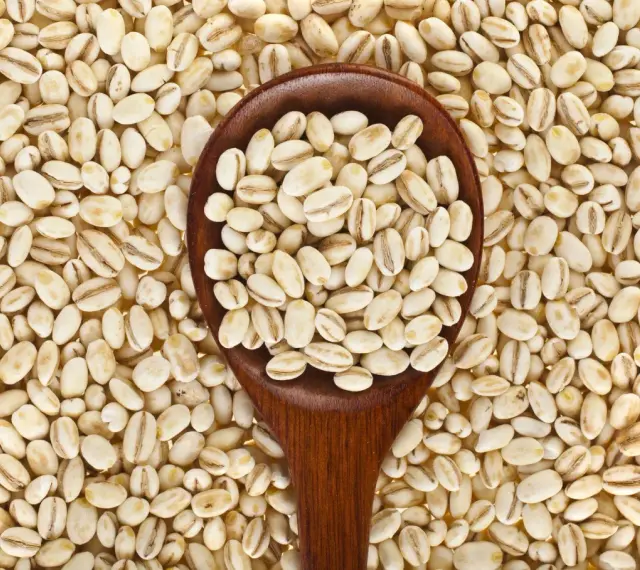 Kasza jęczmienna, widoczna na drewnianej łyżce i rozsypana wokół, zawiera gluten.