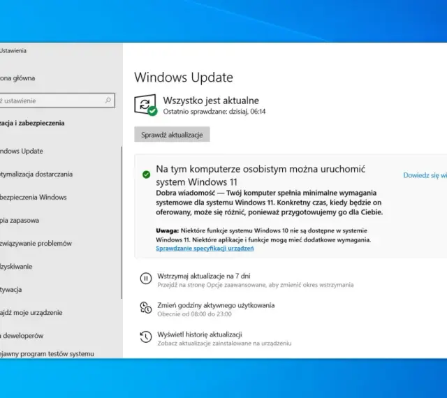Komputer spełnia wymagania Windows 11. Sprawdzanie aktualizacji systemu i jego specyfikacji.