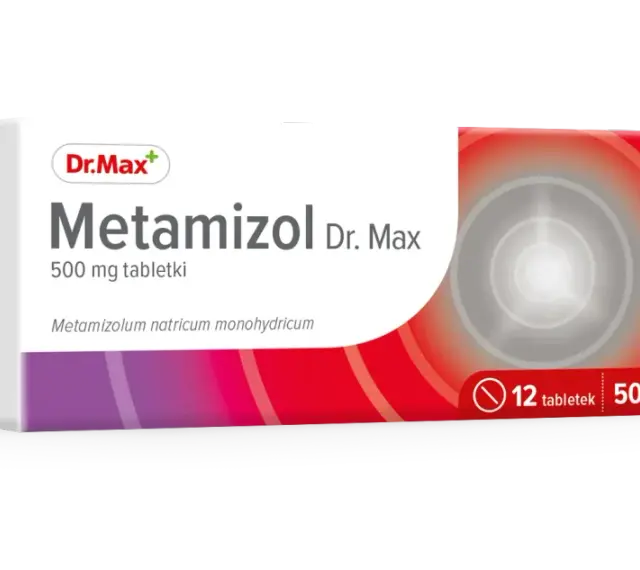 Opakowanie leku Metamizol Dr. Max, 500 mg, zawierające 12 tabletek. Skuteczny środek przeciwbólowy i przeciwgorączkowy.