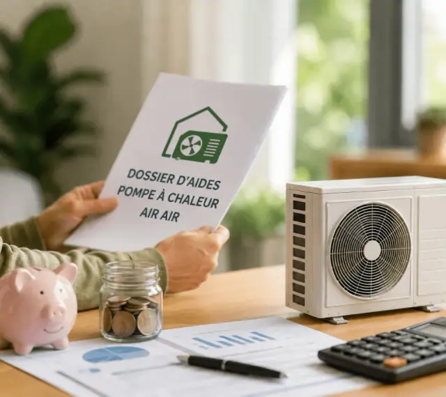 Une personne examine un dossier d'aide pour pompe à chaleur air air, à côté d'un modèle de climatiseur, d'une tirelire et d'une calculatrice.