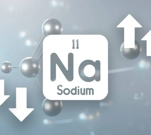 Symbol Na z atomami i strzałkami w górę i w dół, ilustrujący zmiany poziomu sodu, mogące prowadzić do hiponatremii.