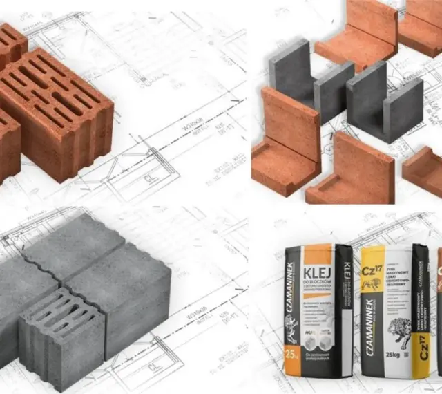 Różne rodzaje pustaków, w tym prefabrykat keramzytowy, oraz materiały budowlane, jak kleje i zaprawy, na tle planów architektonicznych.