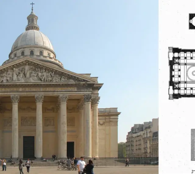 Monumentalny Panteon w Paryżu, przykład klasycystycznego stylu w architekturze, obok jego planu.