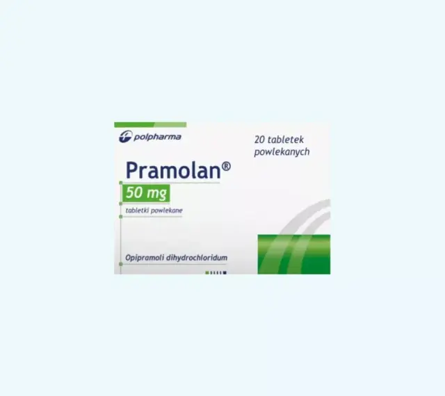 Opakowanie leku Pramolan 50 mg, 20 tabletek powlekanych. Stosowany na depresję i lęk.