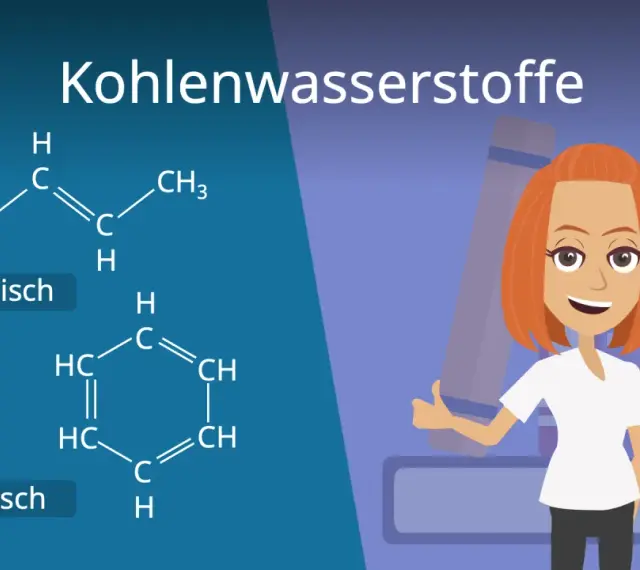 Chemische Strukturen von Kohlenwasserstoffen: eine azyklische und eine zyklische Verbindung. Eine lächelnde Frau mit roten Haaren gibt Daumen hoch.