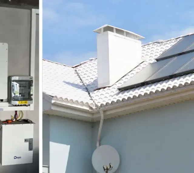 Instalacja OZE: panele słoneczne na dachu, falownik i akumulator na ścianie. To przyszłość energetyki!