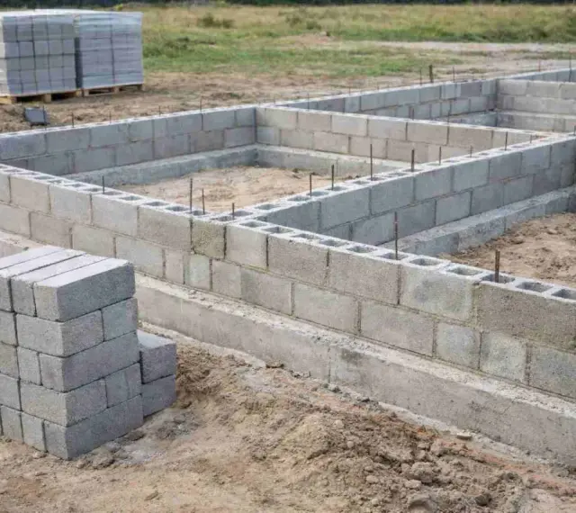 Budowa domu w toku: betonowy wieniec fundamentowy z bloczków betonowych, przygotowany pod dalsze prace.