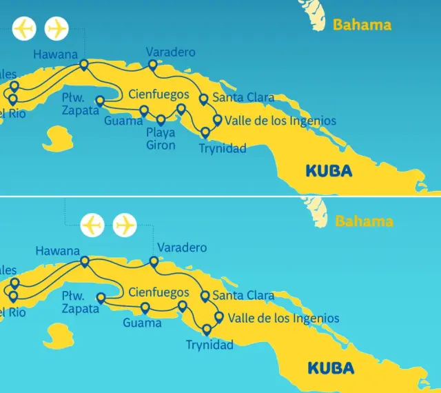 Mapa Kuby z zaznaczonymi trasami podróży latem i zimą. Gdzie jest Kuba? Na mapie widać Hawanę, Varadero, Pinar del Rio i inne miejsca.