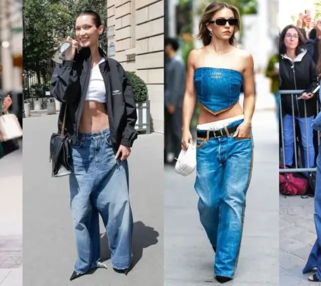 Cztery dziewczyny w stylu downtown girl prezentują szerokie jeansy i krótkie topy.