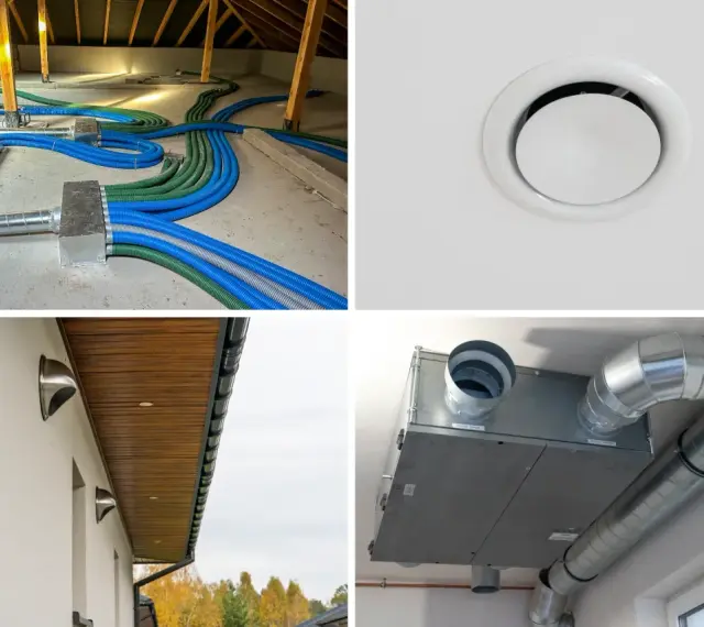 System wentylacji mechanicznej z rekuperatorem. Widać czerpnię i wyrzutnię powietrza na ścianie budynku, a także rozbudowaną sieć kanałów w poddaszu.