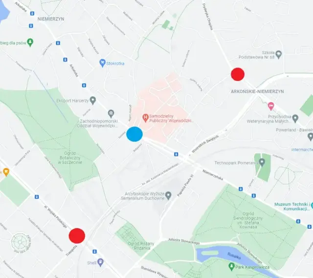 Mapa Szczecina z zaznaczonymi punktami. Czerwone kropki wskazują miejsca, które mogą pomóc w planowaniu, jak dojechać do Szczecina.