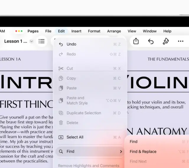 Na ekranie iPada z systemem iPadOS 26 widać menu Edycja z opcjami Undo, Redo, Cut, Copy, Paste i Find.