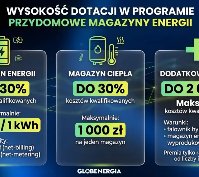Dofinansowanie do magazynu energii: do 30% kosztów, maks. 800 zł/kWh. Dodatkowa premia do 2000 zł.