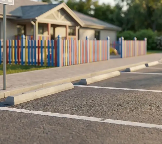 Pusta nawierzchnia asfaltowa z wyznaczonymi białymi liniami i betonowymi odbojnikami. W tle kolorowy płotek i budynek. Widać, że szerokość miejsca parkingowego jest standardowa.