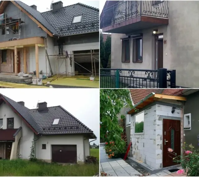 Budowa dobudowy wiatrołapu w domu jednorodzinnym. Widać rusztowania i prace budowlane.
