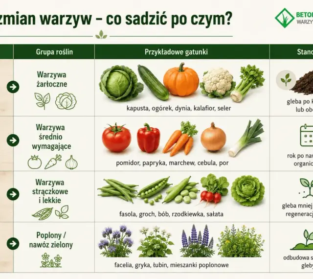 Płodozmian warzyw: rok 1 - warzywa żarłoczne (kapusta, dynia), rok 2 - średnio wymagające (pomidor, marchew), rok 3 - strączkowe (fasola, groch), rok 4 - poplony.