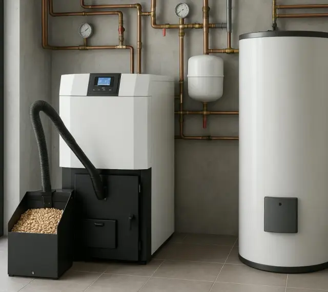 Chaudière à granulés avis : un système de chauffage moderne avec réservoir de granulés, chaudière blanche et chauffe-eau.
