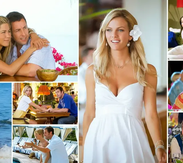 Obsada "Żona na niby" w komediowych scenach. Adam Sandler i Jennifer Aniston w romantycznych i zabawnych momentach.