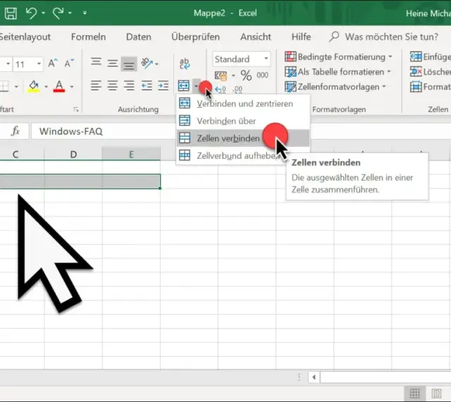 Excel-Menü zeigt Option "Zellen verbinden" an, um mehrere Zellen zu einer einzigen zusammenzuführen.
