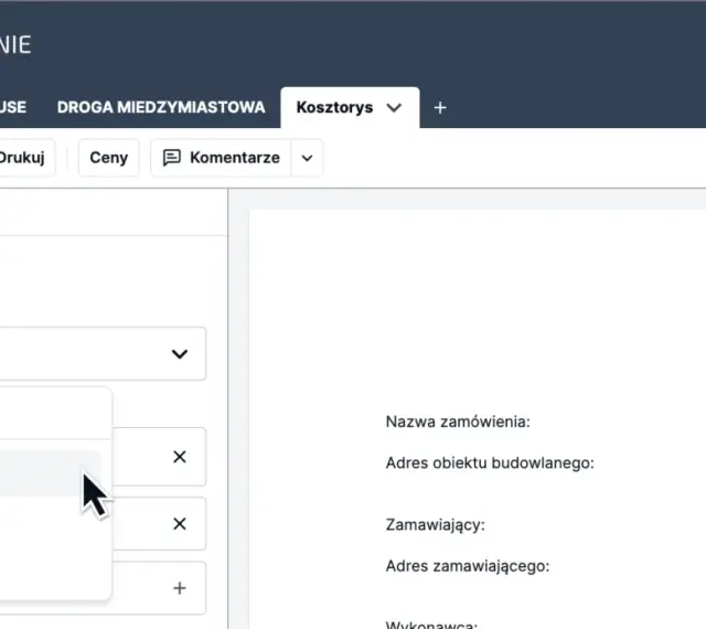 Wybieranie szablonu "Kosztorys ofertowy" do eksportu kosztorysu inwestorskiego.