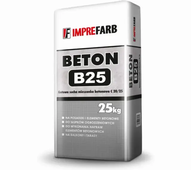 Worek betonu B25 Imprefarb 25kg. Zastanawiasz się, ile kosztuje worek cementu? Ten produkt jest idealny na posadzki, słupki ogrodzeniowe, balkony i tarasy.