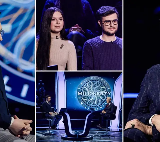 Uczestnicy i prowadzący w programie "Milionerzy" w TV. Widzowie czekają na emocje i wielkie wygrane.