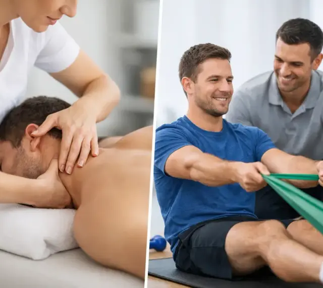 Mann erhält Nackenmassage, ein anderer Mann trainiert mit Theraband. Beide erfahren professionelle manuelle Therapie für Wohlbefinden und Fitness.