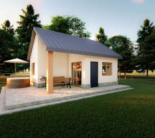 Nowy domek murowany 35m2. Koszt budowy takiego przytulnego domu z bali i jacuzzi na tarasie jest niższy niż myślisz.