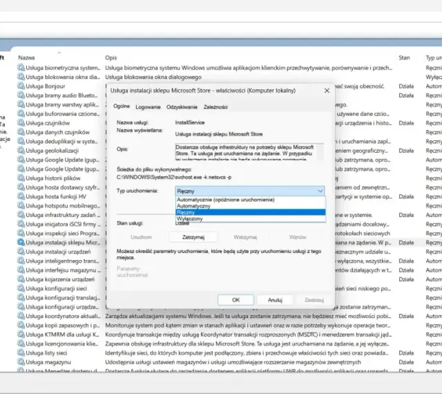 Wyłączanie usługi instalacji sklepu Microsoft Store w celu **windows 11 debloat**.