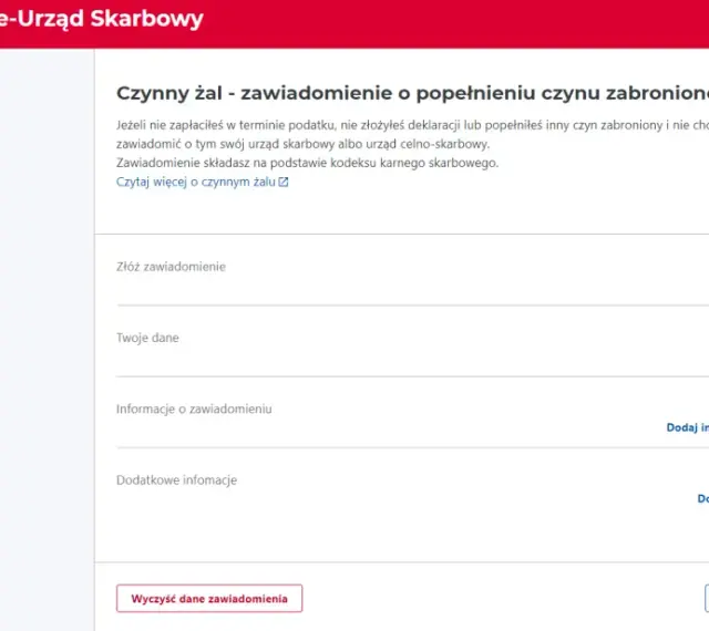 Formularz "Czynny żal - zawiadomienie o popełnieniu czynu zabronionego" w e-Urzędzie Skarbowym. Możesz tu złożyć zawiadomienie, jak napisać czynny żal do urzędu skarbowego.