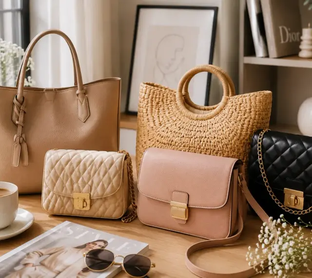 Kolekcja torebek: beżowy shopper, pikowana beżowa kopertówka, pudrowy różowy listonoszka i czarna pikowana torebka na łańcuszku. Znane marki torebek w eleganckiej aranżacji.