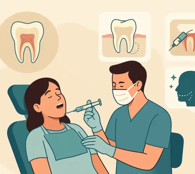 Dentysta podaje znieczulenie, być może propofol, pacjentce. W tle ikony zębów i uśmiechniętej twarzy.