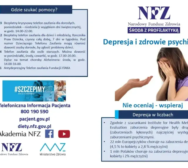 Obraz przedstawia plakat informacyjny o zdrowiu psychicznym. Widać na nim hasła "Depresja i zdrowie psychiczne", "Nie oceniaj - wspieraj" oraz dane kontaktowe do telefonów zaufania, w tym antydepresyjnego. W tle znajduje się zdjęcie osoby ukrywającej t...