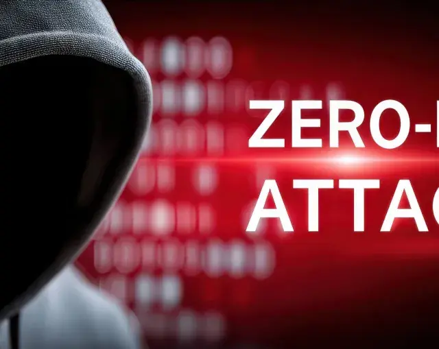 Sylwetka hakera w kapturze na tle czerwonego ekranu z napisem "ZERO-DAY ATTACK" i rozmytym kodem binarnym.