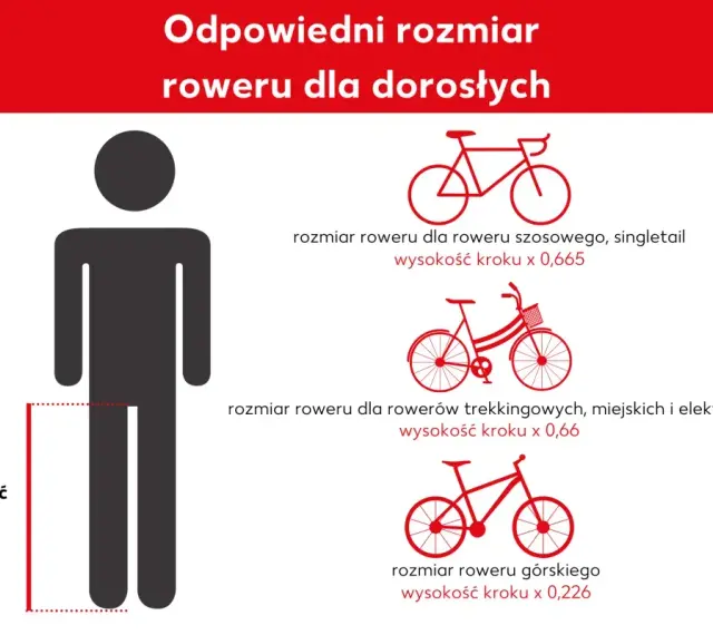Jak zmierzyć przekrok, by dobrać rower? Grafika pokazuje, jak obliczyć rozmiar roweru szosowego, trekkingowego i górskiego na podstawie wysokości kroku.