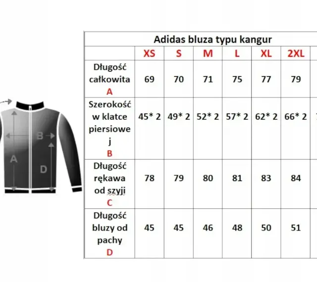 Tabela rozmiarów bluzy Adidas. XXL jaki to rozmiar? Sprawdź wymiary: długość całkowita 81 cm, szerokość w klatce 74*2 cm, długość rękawa 88 cm, długość bluzy od pachy 52 cm.