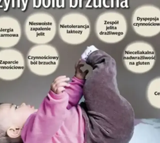 Dziecko z podkurczonymi nóżkami, nad którym widnieją kółka z przyczynami bólu brzucha u dziecka, np. nietolerancja laktozy.